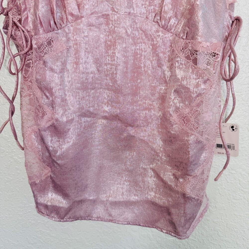 Free People Top Womens Small Shimmer On Cami Satin Lace Blouse Romantic Pink NEW - Picture 5 of 10